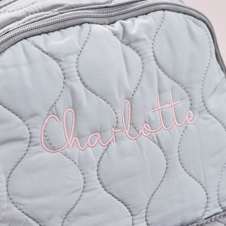 Personalised Pink Font Large Grey Quilted Backpack