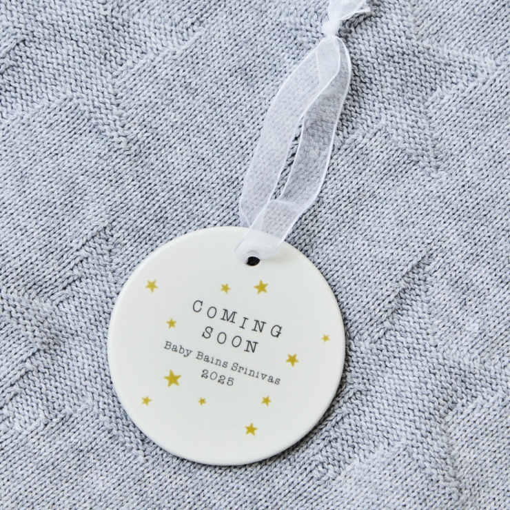 Personalized Coming Soon Round Ceramic Hanging Decoration