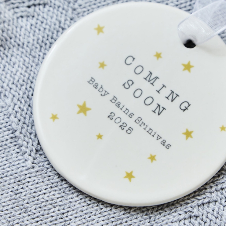 Personalized Coming Soon Round Ceramic Hanging Decoration