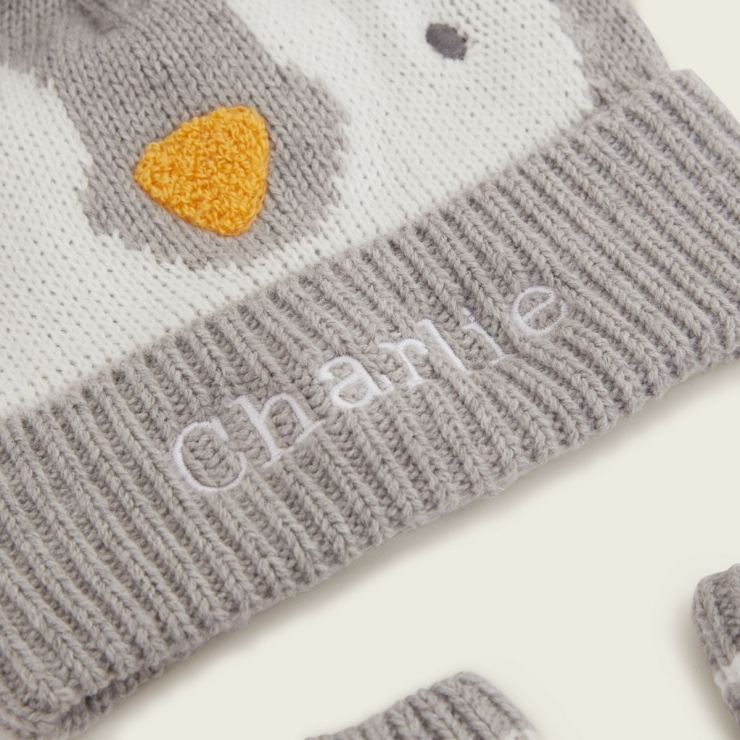 Personalised Grey Penguin Hat & Mittens Set