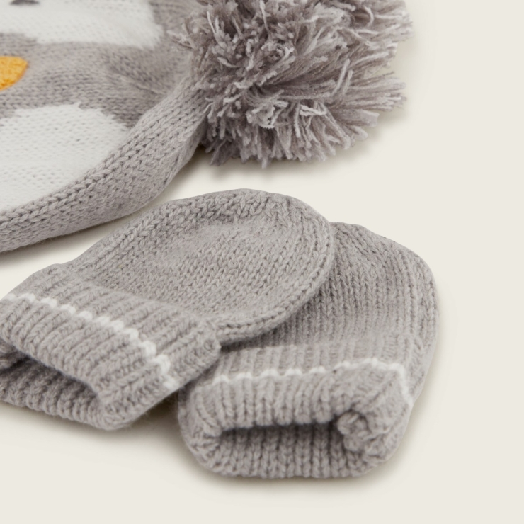 Personalised Grey Penguin Hat & Mittens Set