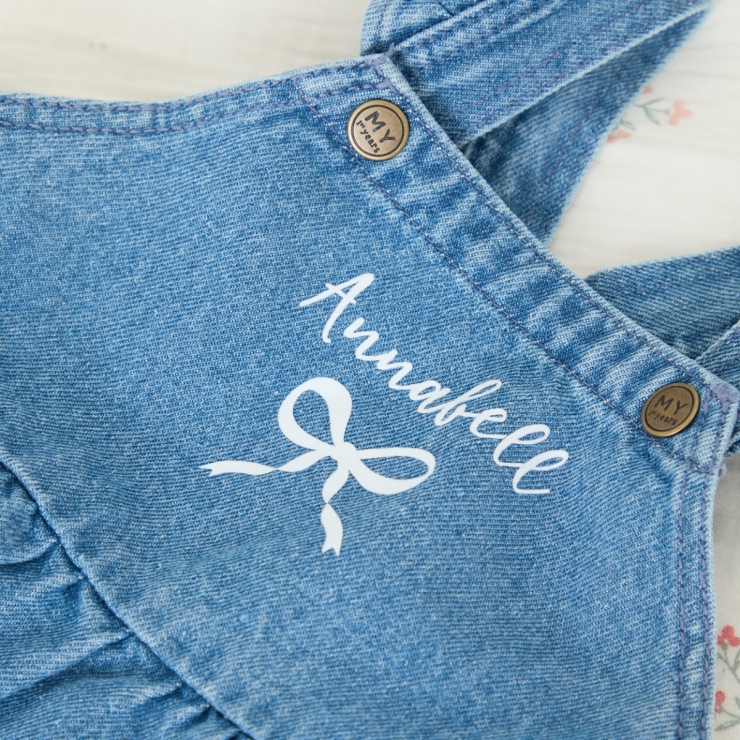 WHITE BOW DENIM PINNY DRESS