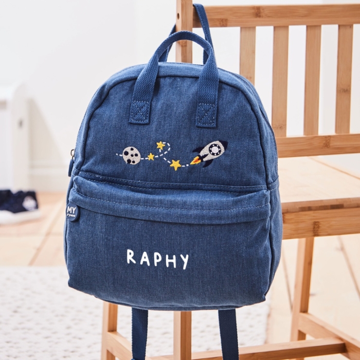 Personalized Moon & Rocket Medium Denim Backpack 