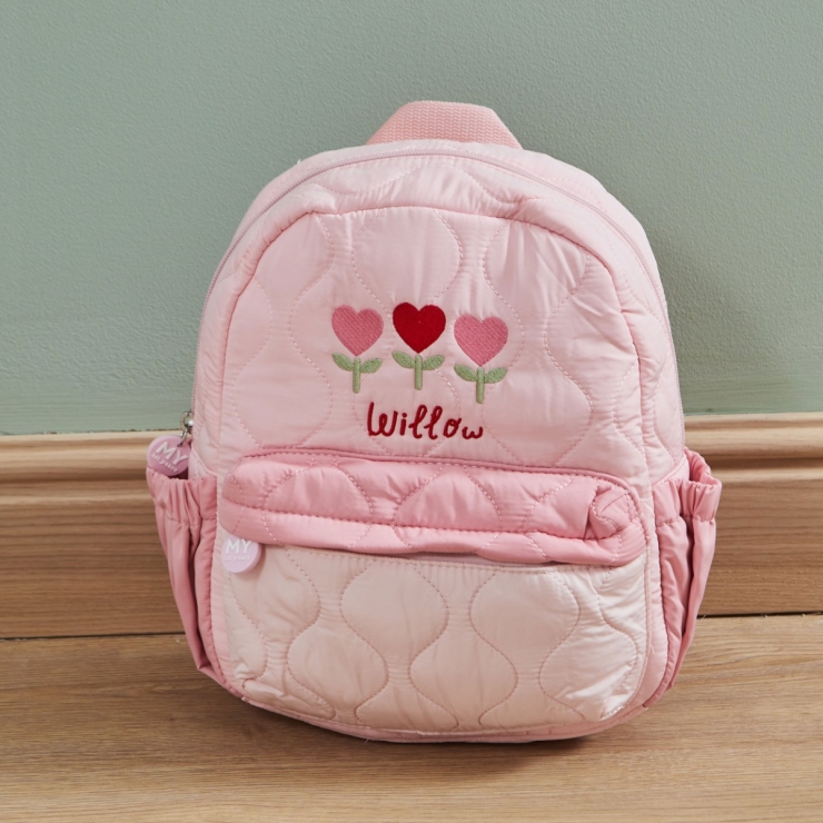 Personalized Heart Flower Pink Medium Quilted Backpack