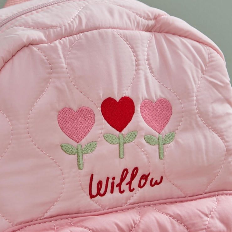 Personalized Heart Flower Pink Medium Quilted Backpack