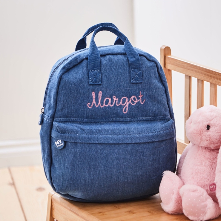 Personalized Pink Chain Stitch Denim Backpack 