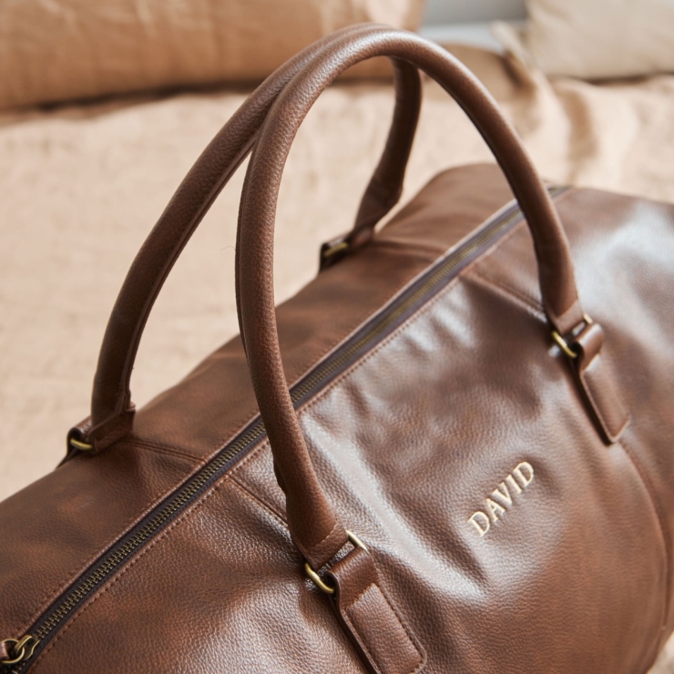 Personalised Tan Embroidered PU Weekend Holdall Bag 
