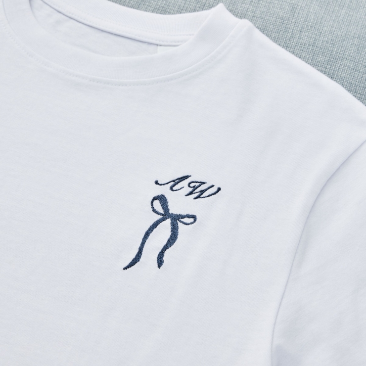 Personalised Something Blue Bow Embroidered White T-Shirt