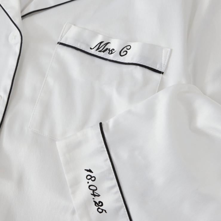 Personalised Bridal Party White Satin Pyjamas with Black Embroidery
