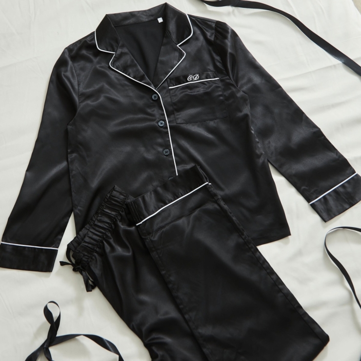 Personalised Black Satin Pyjamas with White Embroidery 
