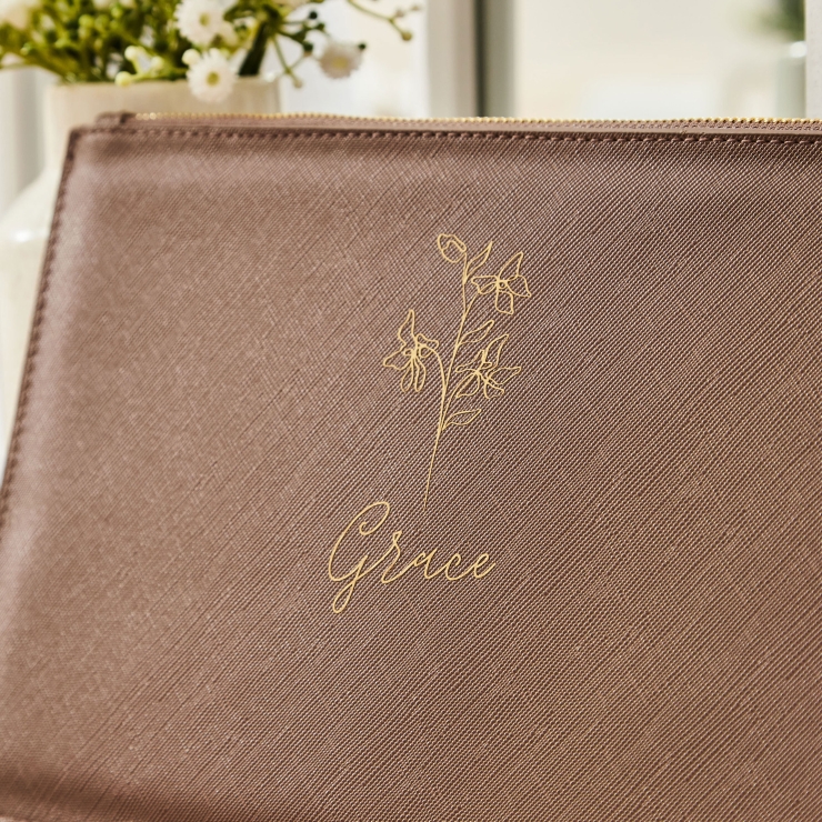 Personalised Taupe Birth Flower Name Pouch