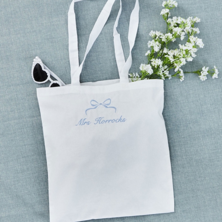 Personalised Something Blue Bow White Embroidered Tote Bag 