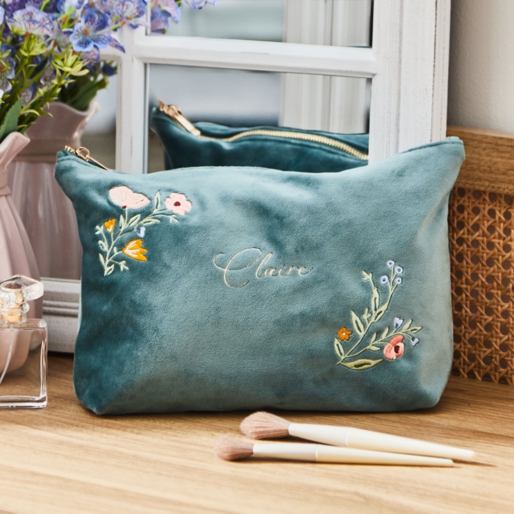 Personalised Wildflower Large Velvet Make Up Bag in Teal by Made Yours