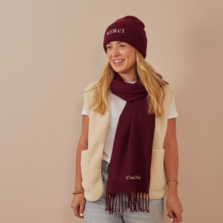 Personalised Slogan Deep Cuff Beanie Hat in Burgundy