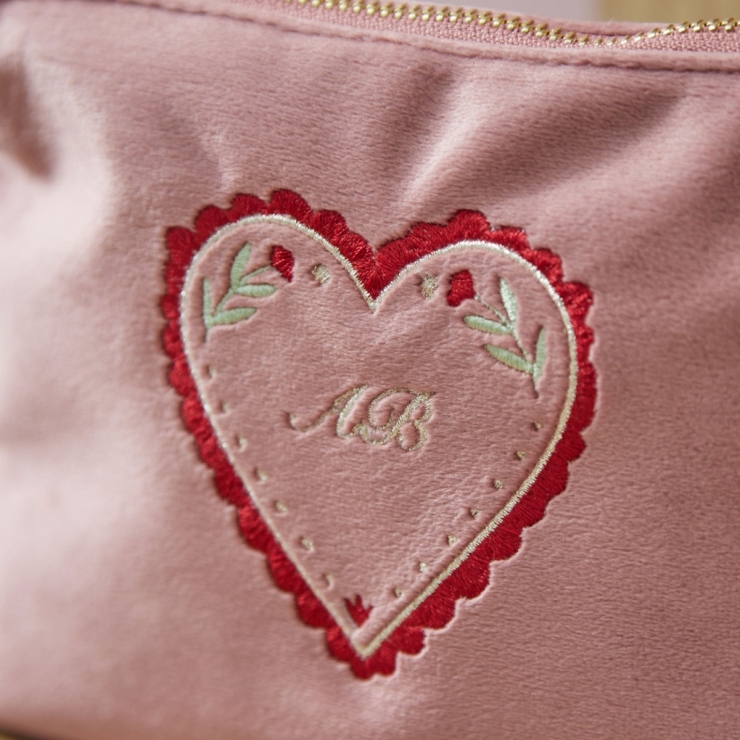 Personalised Pink Velvet Heart Embroidered Cosmetic Bag