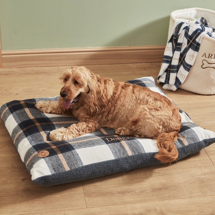 Personalised Deep Duvet Navy Check Medium Dog Bed