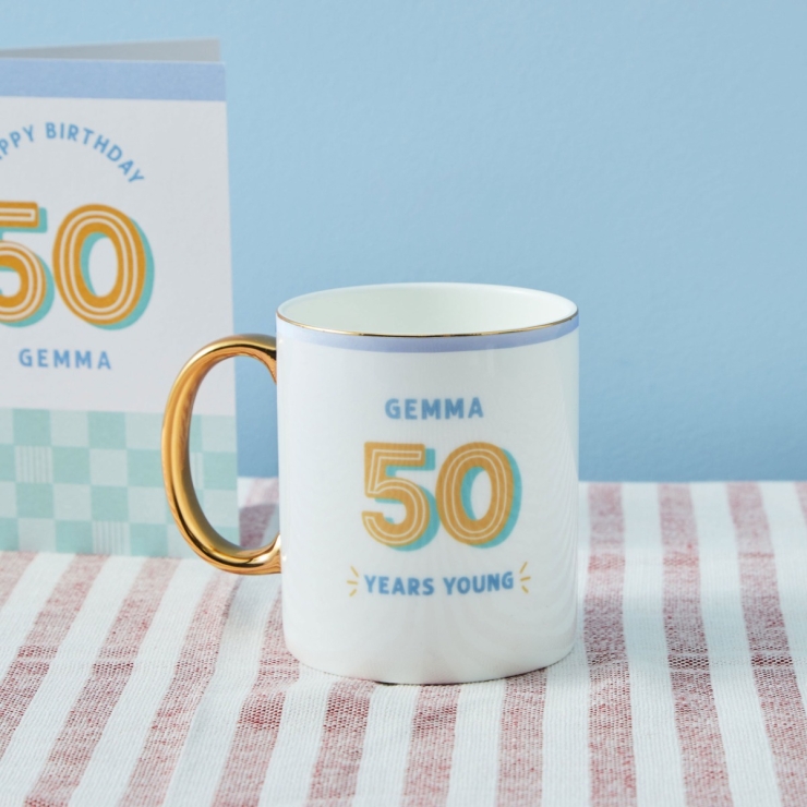 Personalised Modern Milestone 50th Birthday Golden Handle Fine China Mug