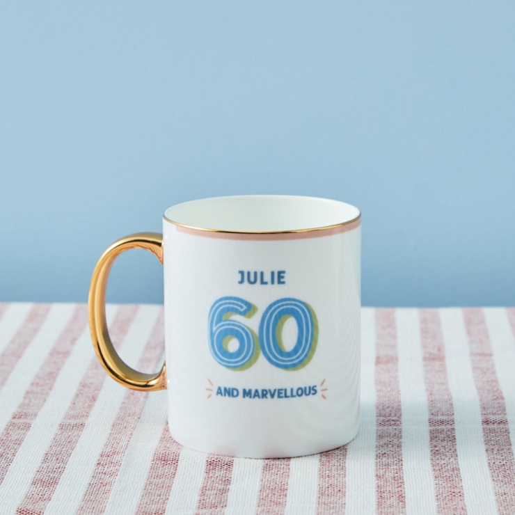Personalised Modern Milestone 60th Birthday Golden Handle Fine China Mug