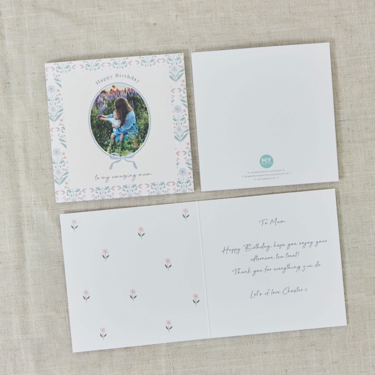 Personalised Floral Border & Bow Happy Birthday Photo Card