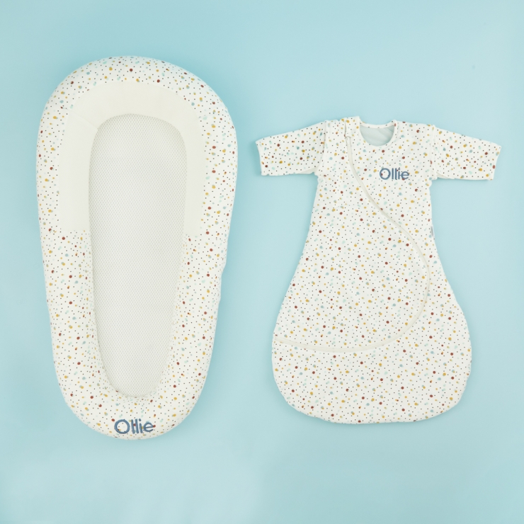 Personalised Purflo 'Scandi Spot' Baby Bed and Swaddle to Sleep Bag Set 3-9 Months