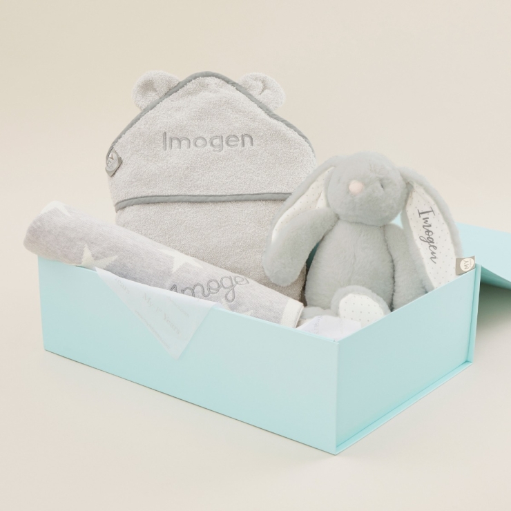 Personalized Grey New Baby Essentials Gift Set