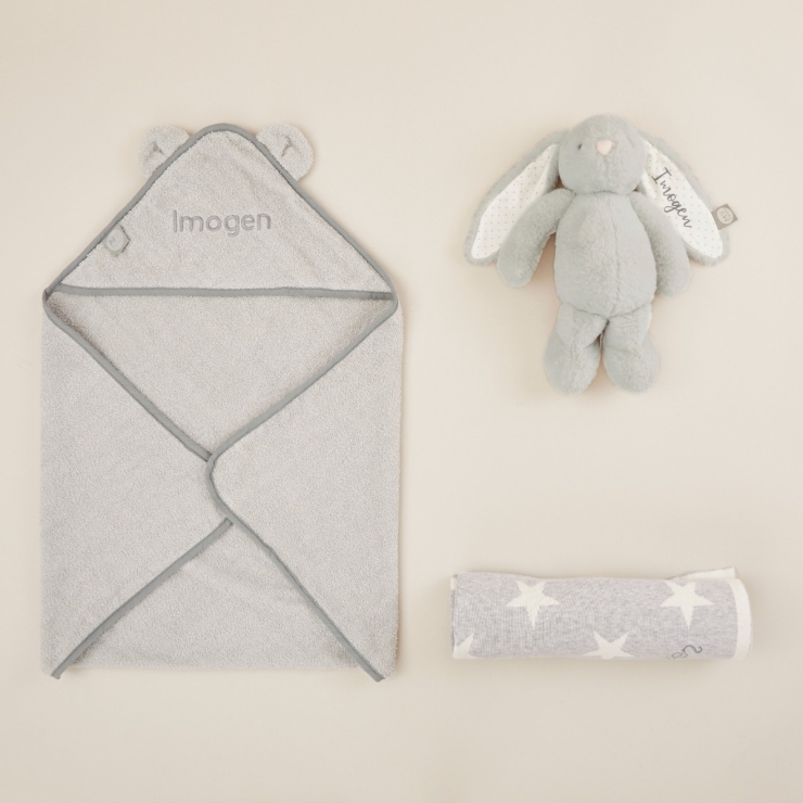 Personalized Grey New Baby Essentials Gift Set