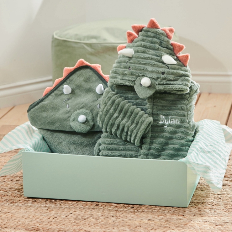 Personalised Green Dino Splash & Snuggle Gift Set 