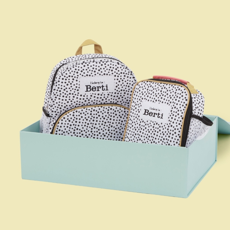 Personalised Black and White Polka Dot Medium Backpack and Lunch Bag Set