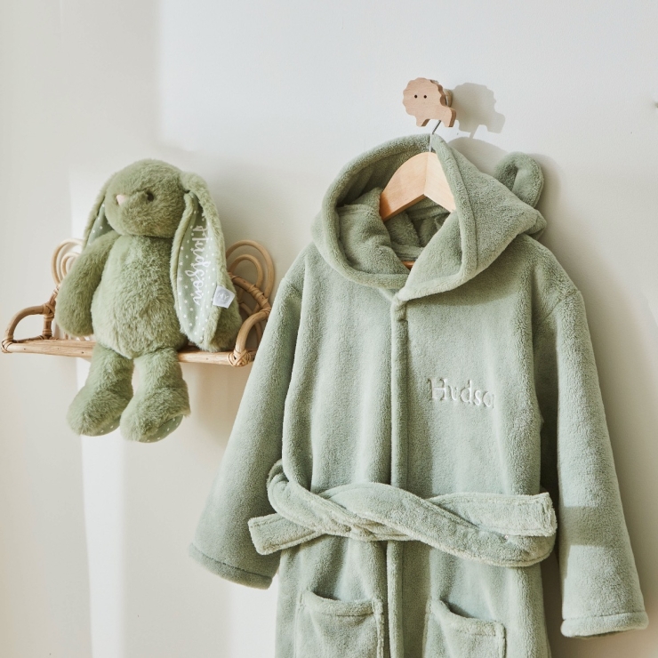 Personalised Sage Green Robe and Bunny Goodnight Gift Set