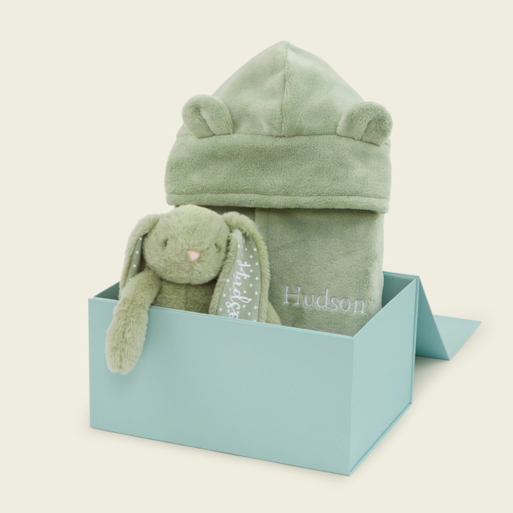 Personalised Sage Green Robe and Bunny Goodnight Gift Set