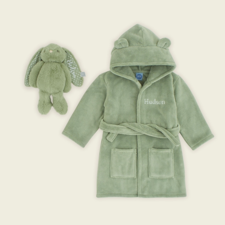 Personalised Sage Green Robe and Bunny Goodnight Gift Set