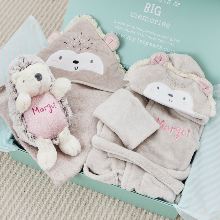 Personalised Hedgehog Splash, Snuggle & Cuddle Gift Set