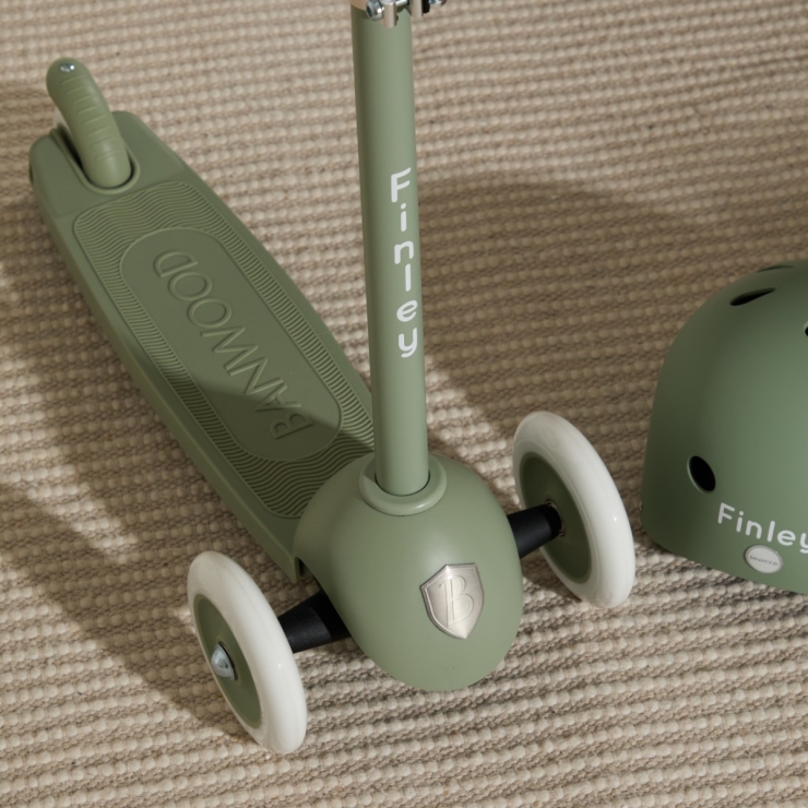 Personalised Olive Eco Banwood Three-Wheel Scooter and Helmet Set