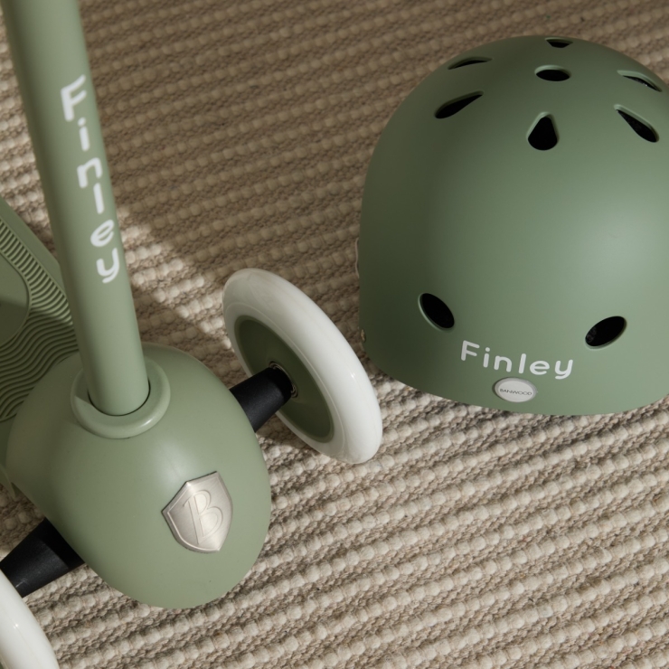 Personalised Olive Eco Banwood Three-Wheel Scooter and Helmet Set