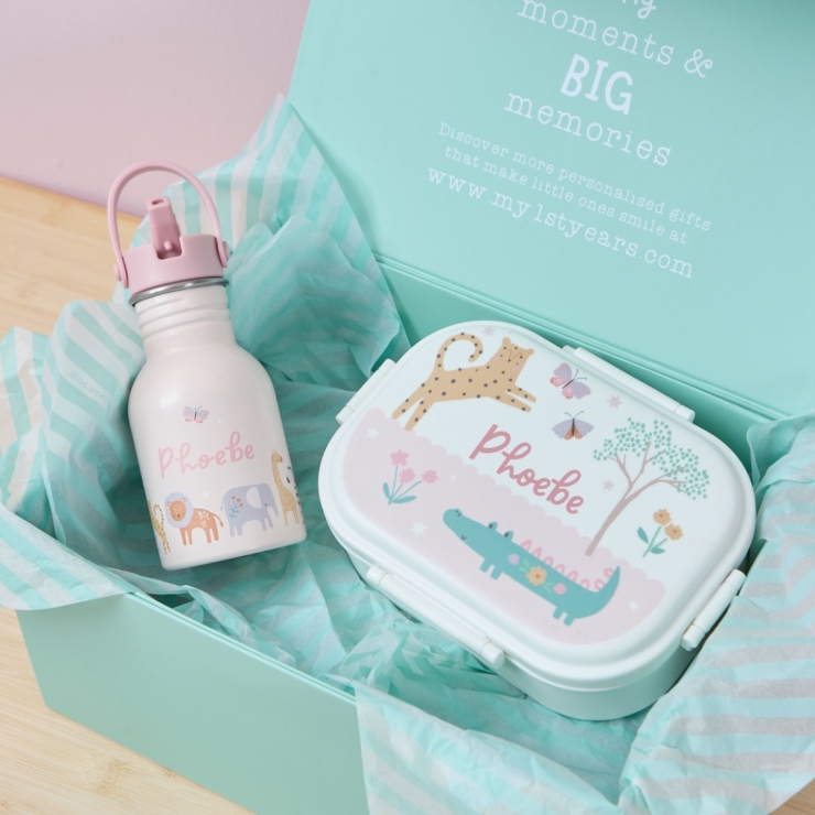 Personalised Pink Floral Safari Bottle & Lunchbox Set