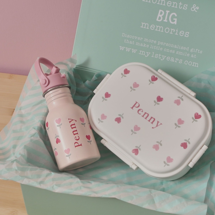 Personalised Heart Floral Bottle & Lunchbox Set