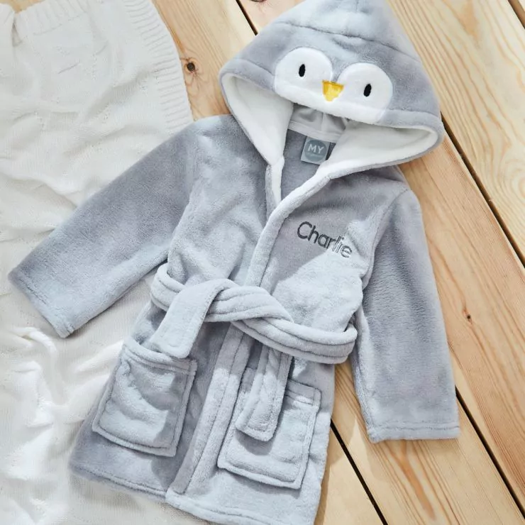 Personalised Grey Penguin Fleece Robe