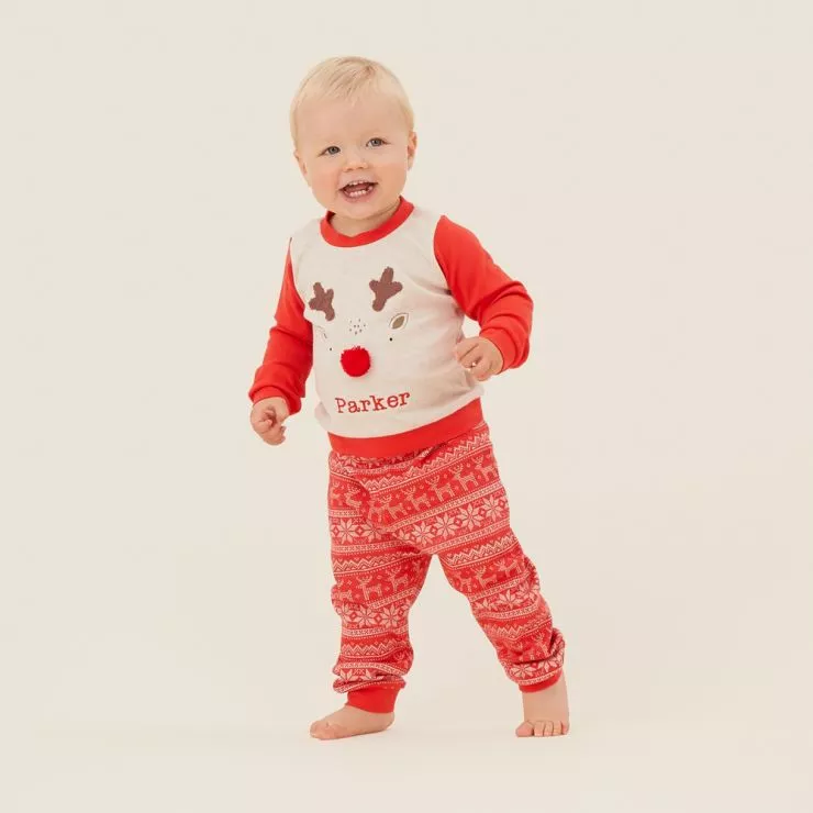 Personalised Red Reindeer Christmas Pyjama Set