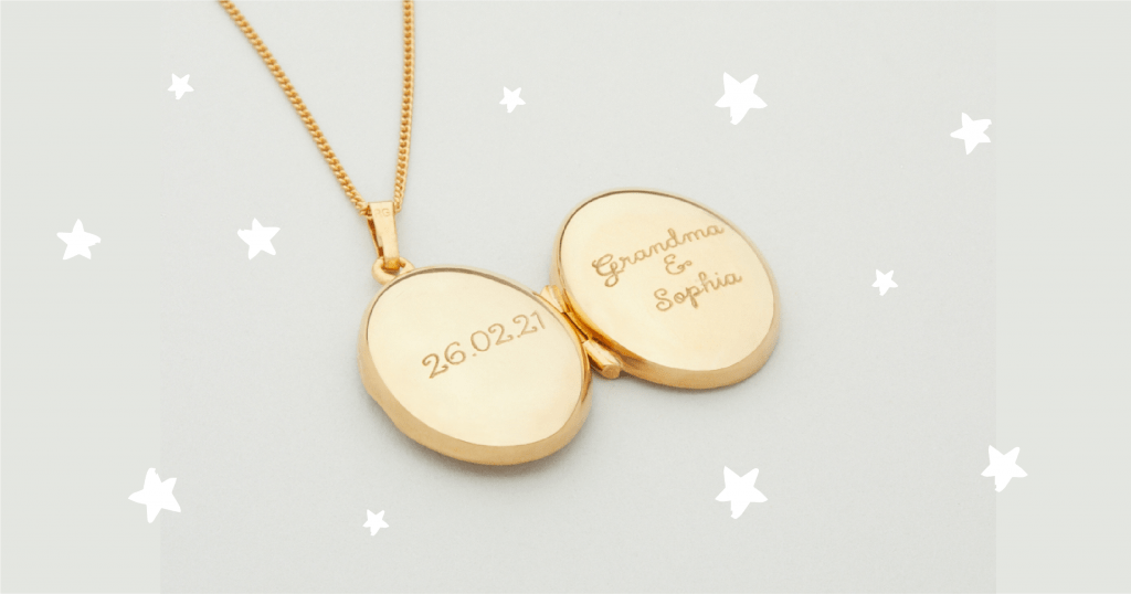 gold locket with a date and grandma & sophia in text